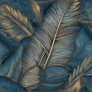 Mavi Tonlu Altın Yaprak Desenli Duvar Kağıdı - Dkm876076