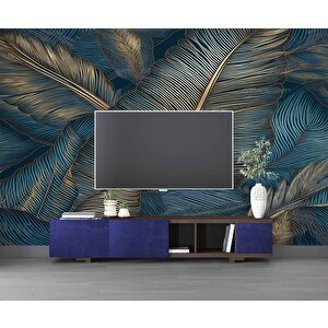 Mavi Tonlu Altın Yaprak Desenli Duvar Kağıdı - Dkm876095 375x300 cm