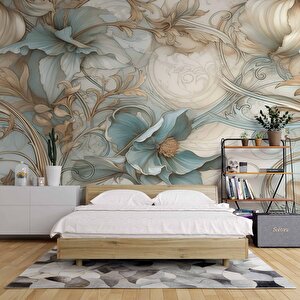 Turkuaz Çiçek Desenli Duvar Kağıdı - Dkm800011 375x200 cm