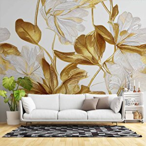 3 Boyutlu Beyaz Altın Çiçek Desenli Duvar Kağıdı - Dkm894041 700x240 cm