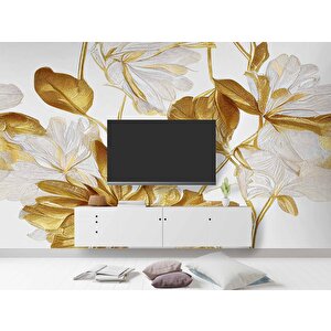 3 Boyutlu Beyaz Altın Çiçek Desenli Duvar Kağıdı - Dkm894041 700x240 cm