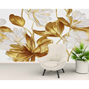 3 Boyutlu Beyaz Altın Çiçek Desenli Duvar Kağıdı - Dkm894041