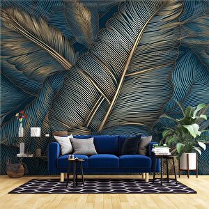 Mavi Tonlu Altın Yaprak Desenli Duvar Kağıdı - Dkm876001 100x100 cm
