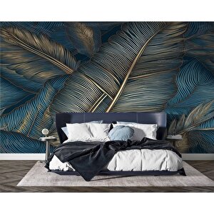 Mavi Tonlu Altın Yaprak Desenli Duvar Kağıdı - Dkm876069 250x280 cm