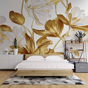 3 Boyutlu Beyaz Altın Çiçek Desenli Duvar Kağıdı - Dkm894068 225x280 cm
