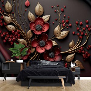 Siyah Temalı Kırmızı Çiçek Ve Altın Desenli Duvar Kağıdı - Dkm984038 525x240 cm