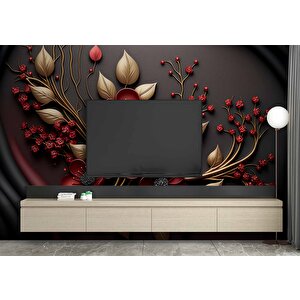Siyah Temalı Kırmızı Çiçek Ve Altın Desenli Duvar Kağıdı - Dkm984038 525x240 cm