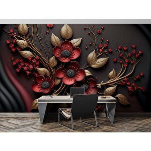 Siyah Temalı Kırmızı Çiçek Ve Altın Desenli Duvar Kağıdı - Dkm984038
