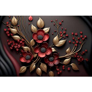 Siyah Temalı Kırmızı Çiçek Ve Altın Desenli Duvar Kağıdı - Dkm984038