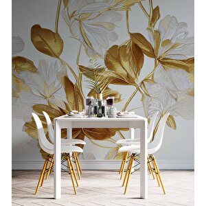 3 Boyutlu Beyaz Altın Çiçek Desenli Duvar Kağıdı - Dkm894038