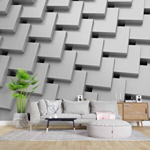 3 Boyutlu Beyaz Kare Desenli Duvar Kağıdı - Dkm748061 600x260 cm