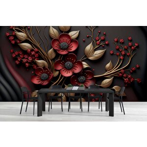 Siyah Temalı Kırmızı Çiçek Ve Altın Desenli Duvar Kağıdı - Dkm984085