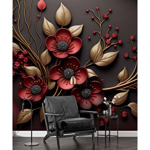 Siyah Temalı Kırmızı Çiçek Ve Altın Desenli Duvar Kağıdı - Dkm984085