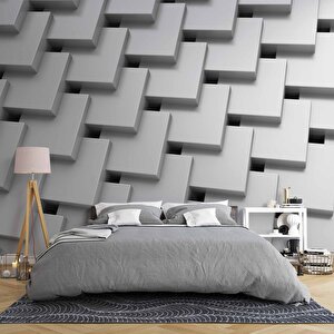 3 Boyutlu Beyaz Kare Desenli Duvar Kağıdı - Dkm748071 300x280 cm