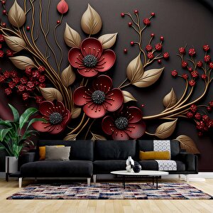 Siyah Temalı Kırmızı Çiçek Ve Altın Desenli Duvar Kağıdı - Dkm984116 375x315 cm