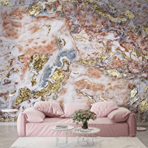 3 Boyutlu Pembe Altın Mermer Desenli Duvar Kağıdı - Dkm727059 525x260 cm