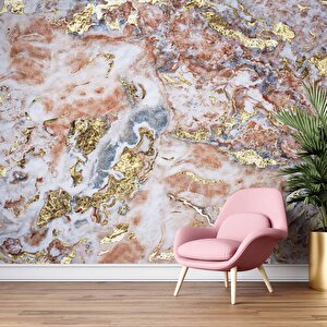 3 Boyutlu Pembe Altın Mermer Desenli Duvar Kağıdı - Dkm727108
