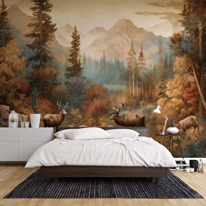 Sonbahar Suluboya Çizim Orman Ve Geyik Manzaralı Duvar Kağıdı - Dkm1000047 225x260 cm