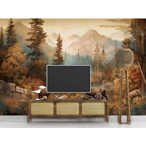 Sonbahar Suluboya Çizim Orman Ve Geyik Manzaralı Duvar Kağıdı - Dkm1000047 225x260 cm
