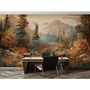 Sonbahar Suluboya Çizim Orman Ve Geyik Manzaralı Duvar Kağıdı - Dkm1000047