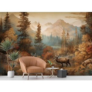 Sonbahar Suluboya Çizim Orman Ve Geyik Manzaralı Duvar Kağıdı - Dkm1000047