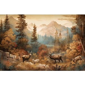 Sonbahar Suluboya Çizim Orman Ve Geyik Manzaralı Duvar Kağıdı - Dkm1000047