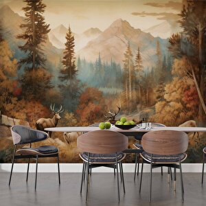 Sonbahar Suluboya Çizim Orman Ve Geyik Manzaralı Duvar Kağıdı - Dkm1000094