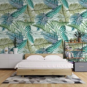 Pastel Yeşil Yaprak Temalı Duvar Kağıdı - Dkm685056 450x260 cm