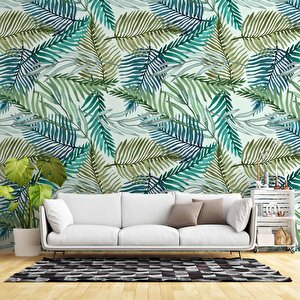 Pastel Yeşil Yaprak Temalı Duvar Kağıdı - Dkm685126 800x315 cm