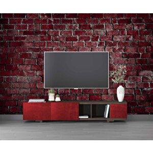3 Boyutlu Koyu Kırmızı Taş Desenli Duvar Kağıdı - Dkm668073 350x280 cm