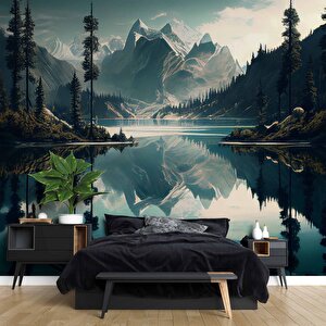 Orman Ve Dağ Sanatsal Çizim Manzaralı Duvar Kağıdı - Dkm669015 475x200 cm