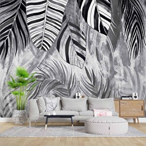 Siyah Gri Yaprak Çizim Desenli Duvar Kağıdı - Dkm889014 450x200 cm