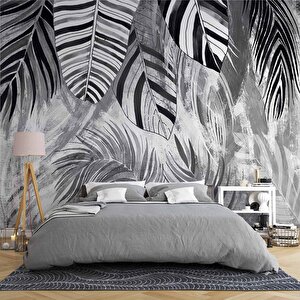 Siyah Gri Yaprak Çizim Desenli Duvar Kağıdı - Dkm889014 450x200 cm