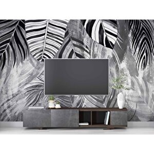 Siyah Gri Yaprak Çizim Desenli Duvar Kağıdı - Dkm889014 450x200 cm