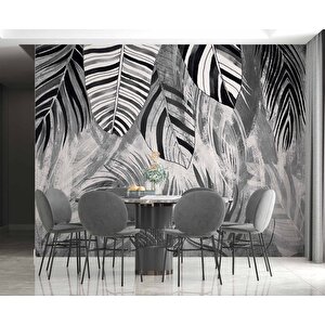 Siyah Gri Yaprak Çizim Desenli Duvar Kağıdı - Dkm889014