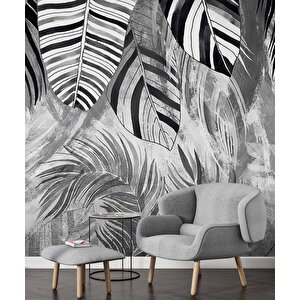 Siyah Gri Yaprak Çizim Desenli Duvar Kağıdı - Dkm889014