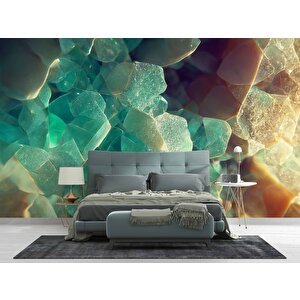 3 Buyutlu Yeşil Kristal Desenli Duvar Kağıdı - Dkm871084 800x280 cm