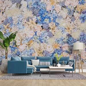 Beyaz Mavi Çiçek Desenli Duvar Kağıdı - Dkm464054 400x260 cm