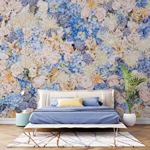 Beyaz Mavi Çiçek Desenli Duvar Kağıdı - Dkm464054 400x260 cm