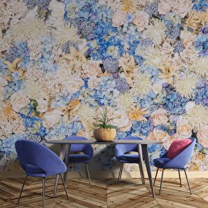 Beyaz Mavi Çiçek Desenli Duvar Kağıdı - Dkm464120