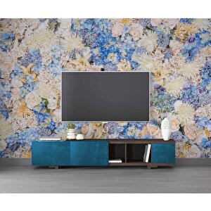 Beyaz Mavi Çiçek Desenli Duvar Kağıdı - Dkm464019 600x200 cm