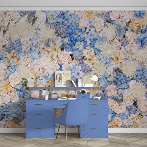 Beyaz Mavi Çiçek Desenli Duvar Kağıdı - Dkm464019