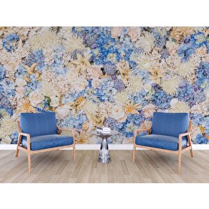 Beyaz Mavi Çiçek Desenli Duvar Kağıdı - Dkm464019