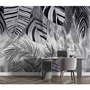 Siyah Gri Yaprak Çizim Desenli Duvar Kağıdı - Dkm889034