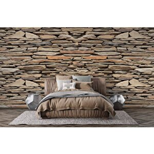 3 Boyutlu Kahverengi Kesme Taş Desenli Duvar Kağıdı - Dkm654083 700x280 cm