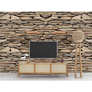 3 Boyutlu Kahverengi Kesme Taş Desenli Duvar Kağıdı - Dkm654083 700x280 cm