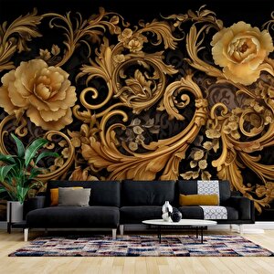 3 Boyutlu Altın Çiçek Temalı Duvar Kağıdı - Dkm793058 500x260 cm