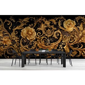 3 Boyutlu Altın Çiçek Temalı Duvar Kağıdı - Dkm793058