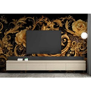 3 Boyutlu Altın Çiçek Temalı Duvar Kağıdı - Dkm793080 525x280 cm
