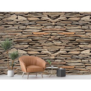 3 Boyutlu Kahverengi Kesme Taş Desenli Duvar Kağıdı - Dkm654105